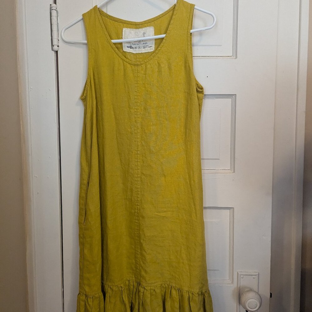 Notperfectlinen Valentine Dress (no shoulder ruffles) in Greenish Mustard, Small